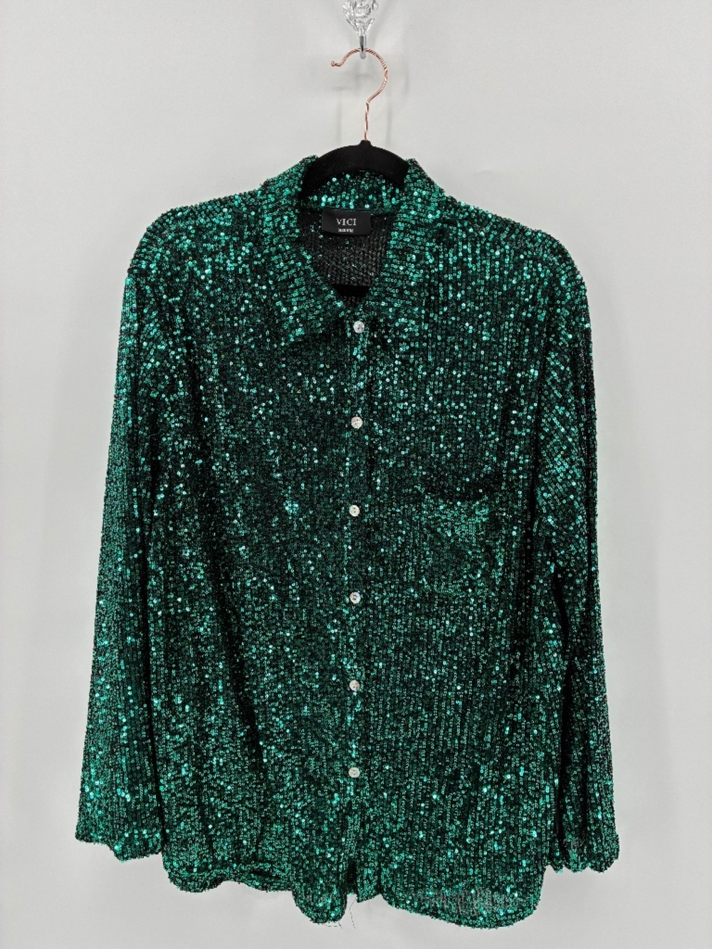 Vici Green Sequin Button Up Blouse